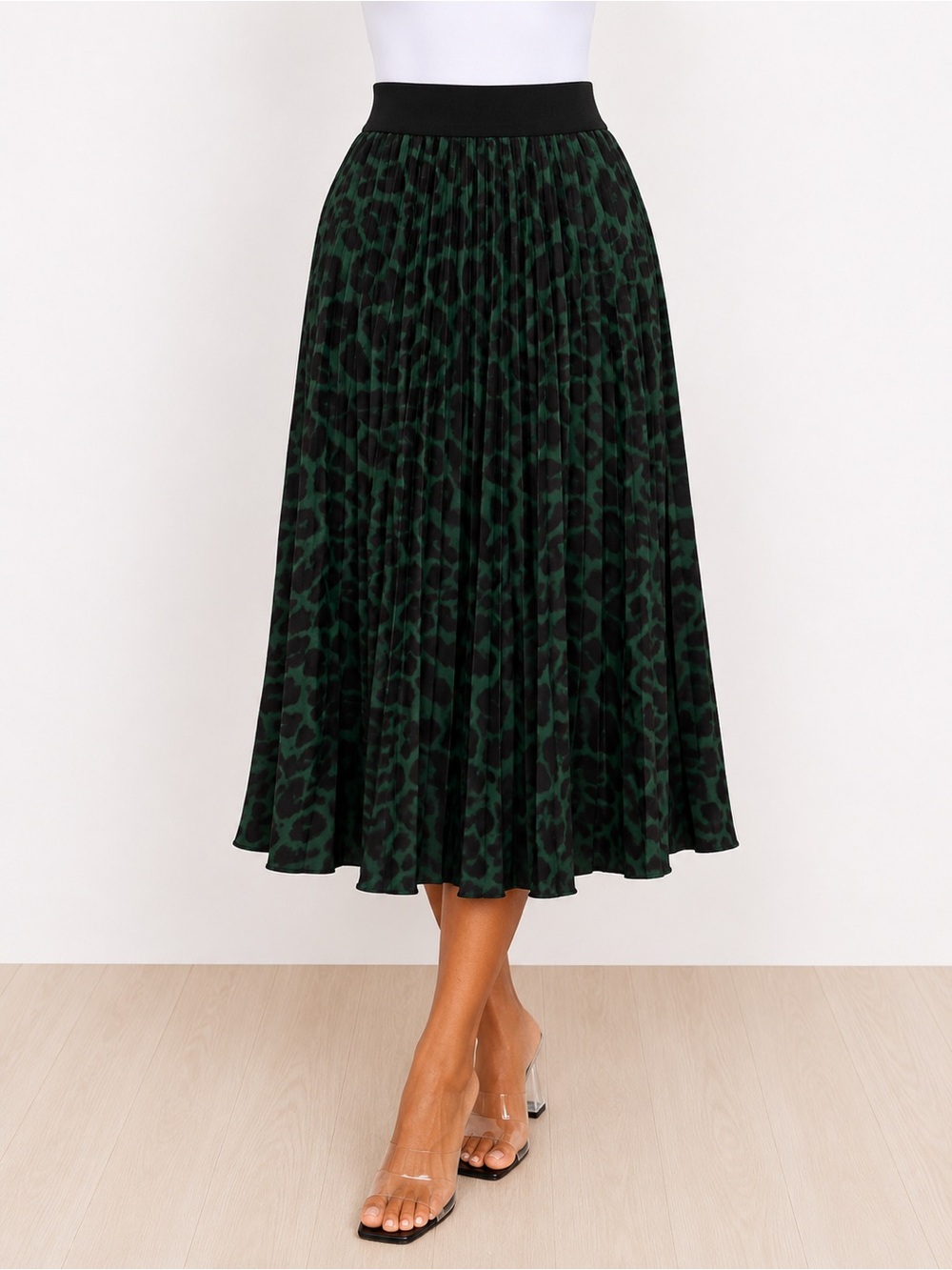 SHEIN Black & Dark Green Leopard Pleated Midi Skirt